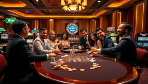 Players enjoying high-stakes games at a luxurious 188bet casino table, showcasing excitement and professionalism.