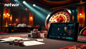 Experience the thrill of netwin casino gaming with vibrant tables, chips, and a spinning roulette wheel.