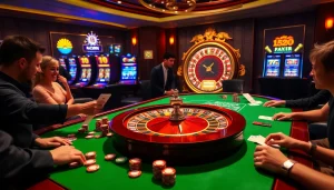 Experience thrilling gameplay at https://32win.football/ with vibrant casino tables and players enjoying their wagers.