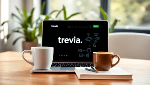 Captivating workspace with trevia.com on a laptop screen and creative elements around.