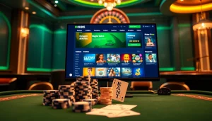 Engaging visuals of Nhà cái OK365 showcasing an immersive online gambling experience with poker and roulette elements.