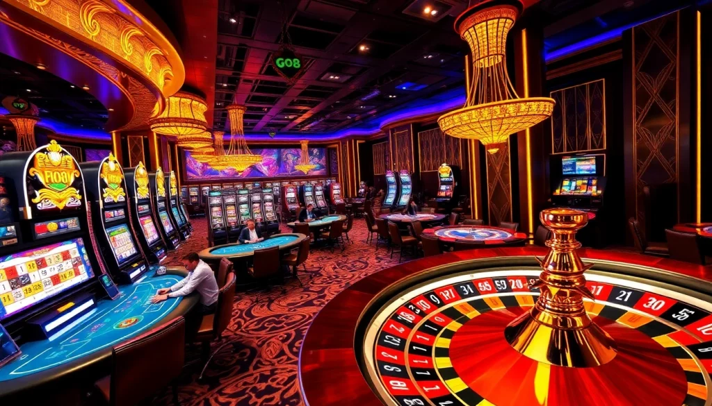 Experience thrilling Go8 gaming with vibrant casino tables and slot machines.