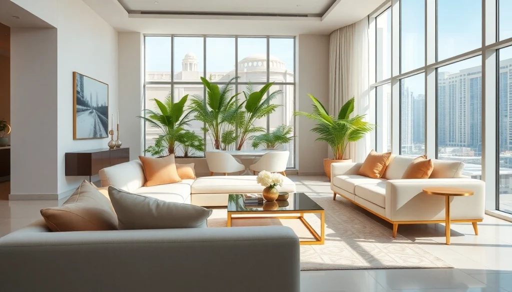 Elegant interior design dubai showcasing a modern living room with stylish furniture and decor.