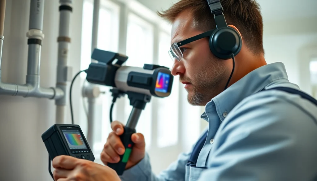 Leak Detection Specialist using advanced tools to inspect plumbing in a modern home environment.