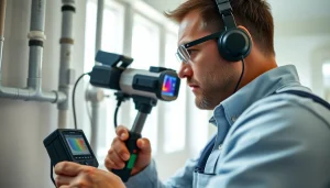 Leak Detection Specialist using advanced tools to inspect plumbing in a modern home environment.