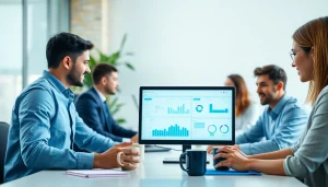 Engaging SaaS application interface in a modern workspace with diverse users interacting.