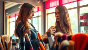 Hairstylist Craiova realizând un stil modern de coafură într-un salon vibrant.