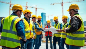 Construction association Denver members working together on a bustling site with safety gear.