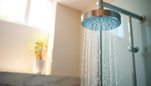 Revitalizing sunny shower with sleek design and crystal-clear water in a modern bathroom
