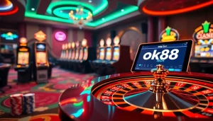 An exciting casino scene with roulette and slot machines, showcasing https://ok88.tech/ as the main theme.