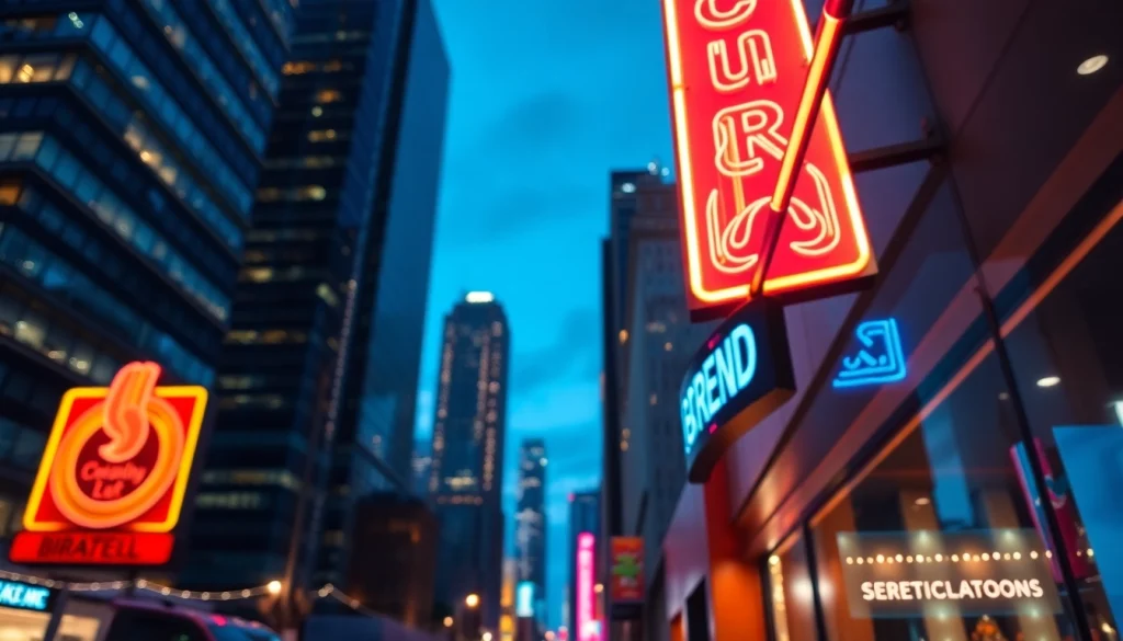 Illuminated electrical signs in an urban landscape showcasing vibrant designs.