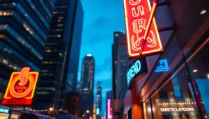 Illuminated electrical signs in an urban landscape showcasing vibrant designs.