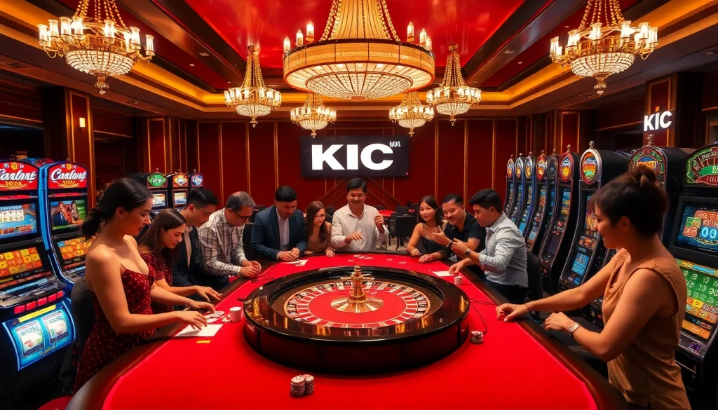 Gambling excitement at KJC casino with players engaged in roulette and blackjack.
