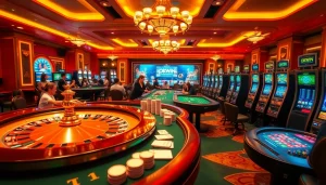 Experience the thrill of gambling at Trang Chủ OKWIN, showcasing vibrant casino activities with tables and slot machines.