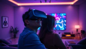 A couple enjoying a virtual reality experience with porn ai in a modern living room.