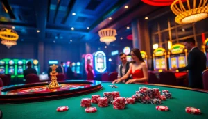 Experience excitement with KUWIN at a vibrant casino showcasing roulette and poker action.