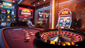 Experience the thrill of gaming at XX88 with a luxurious casino scene featuring roulette and blackjack.
