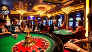Trải nghiệm cảm giác hồi hộp tại LUCK8 và LUCKY8 trong một không gian casino sống động, đầy hành động với roulette và poker.