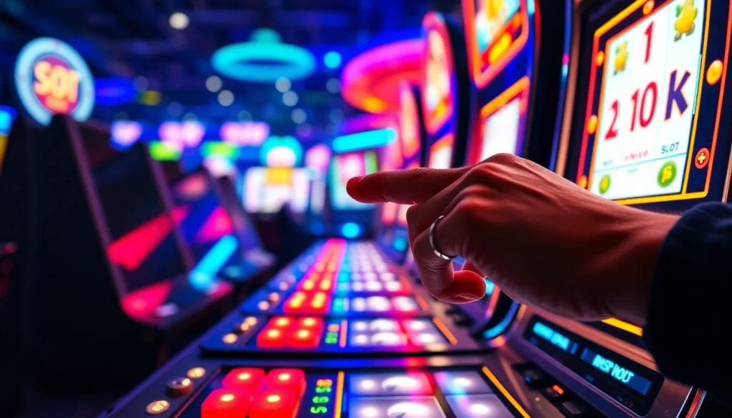 Menggambarkan slot depo 1k dengan mesin slot yang cerah dan Button bersinar, menggoda penjudi.