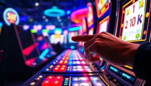 Menggambarkan slot depo 1k dengan mesin slot yang cerah dan Button bersinar, menggoda penjudi.