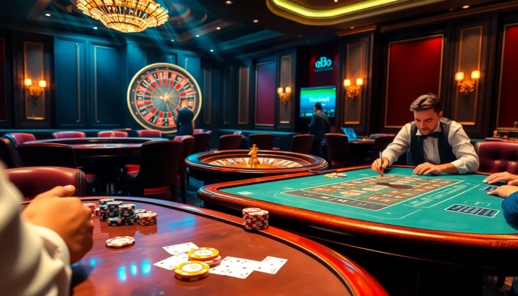 Exciting perspective on a poker game at https://rr88.navy/ showcasing chips, cards, and a roulette wheel.