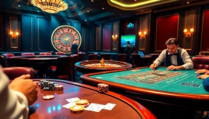 Exciting perspective on a poker game at https://rr88.navy/ showcasing chips, cards, and a roulette wheel.