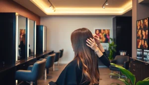 The interior of Omnia Salon, the best hair salon in San Diego, showcasing professional stylists and vibrant hair color displays in a welcoming atmosphere.