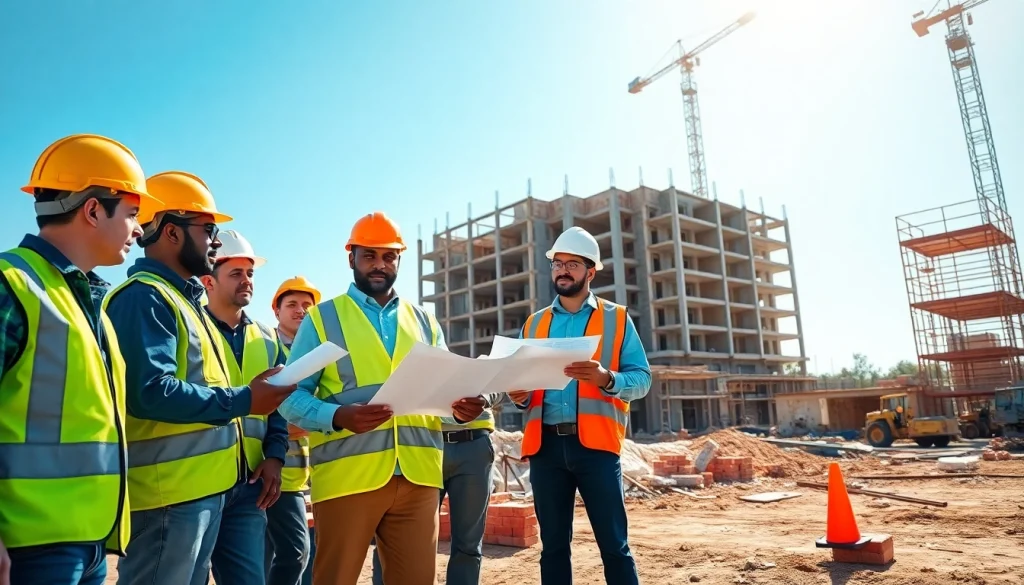 Showcasing a construction association in South Carolina, diverse workers collaborate on-site with blueprints.