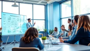 Engaged participants with a business coach near me in a bright, modern workshop environment.
