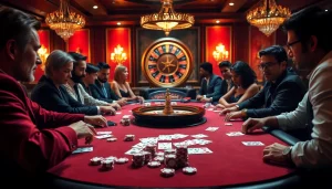 Engaging players reviewing hidden wiki links at a luxurious poker table in a chic casino.