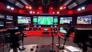 Engaging sports broadcasting scene showcasing advanced equipment and lively atmosphere.