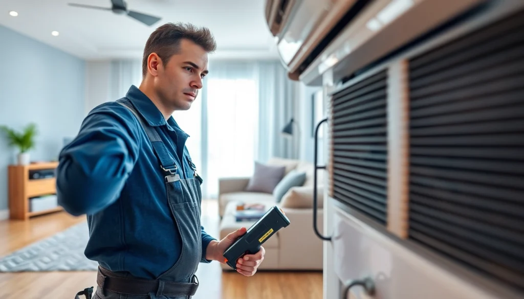 Technician on emergency hvac repair bc in a bright home, showcasing tools and expertise.
