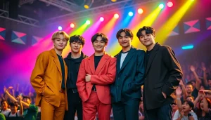 BTS members performing energetically together on stage, showcasing unity and style.