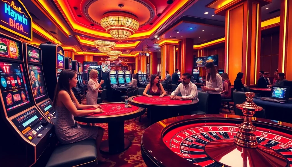 Experience the excitement of gambling at Haywin's vibrant casino, featuring slot machines and poker tables.