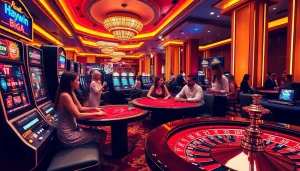 Experience the excitement of gambling at Haywin's vibrant casino, featuring slot machines and poker tables.