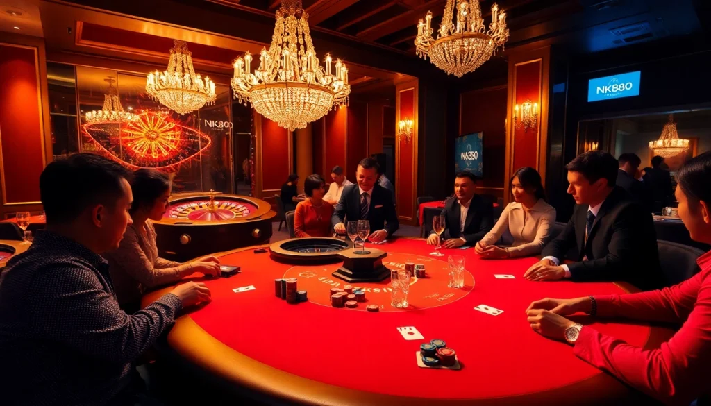 Players enjoying a high-stakes game at a vibrant NK88 casino table, filled with chips and excitement.