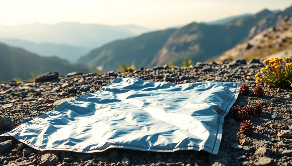 Use an emergency blanket in outdoor survival situations, showcased with rugged nature as the background.