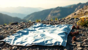 Use an emergency blanket in outdoor survival situations, showcased with rugged nature as the background.