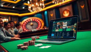 Engaging online casino scene showcasing https://ok88.tech/ with poker chips, a roulette wheel, and a laptop interface.