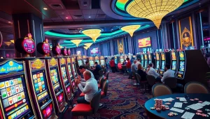 Pemain yang bersemangat menang di mesin slot pulsa dalam suasana kasino yang meriah.