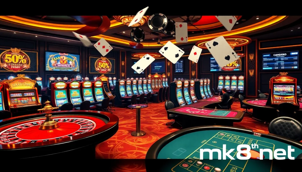 Engaging scene of a roulette table and slot machines at mk8th.net, capturing the excitement of online gambling.