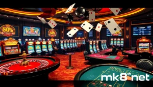 Engaging scene of a roulette table and slot machines at mk8th.net, capturing the excitement of online gambling.