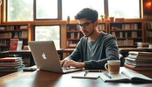 Usando un MacBook para estudiantes en un entorno acogedor de cafetería.
