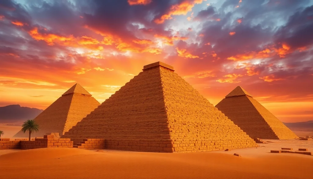 Pyraminds silhouetted against a vibrant sunset, showcasing their grandeur and historical significance.
