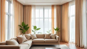 Verduisterende gordijnen in een modern interieur, die de ruimte stijlvol verfraaien.