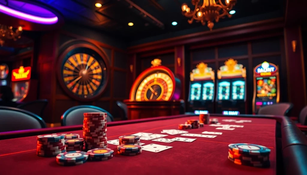 Engaging in the hidden wiki dark web at a luxurious poker table surrounded by vibrant slot machines.