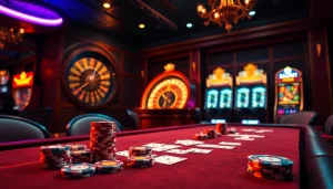 Engaging in the hidden wiki dark web at a luxurious poker table surrounded by vibrant slot machines.