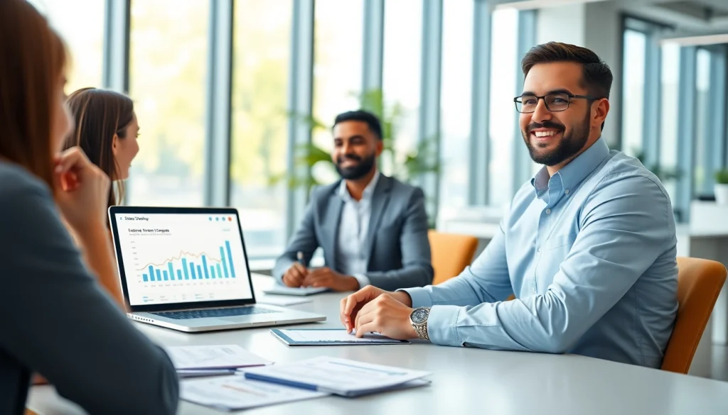 Engaging recruiter using sales staffing platforms to connect with clients in a professional setting.