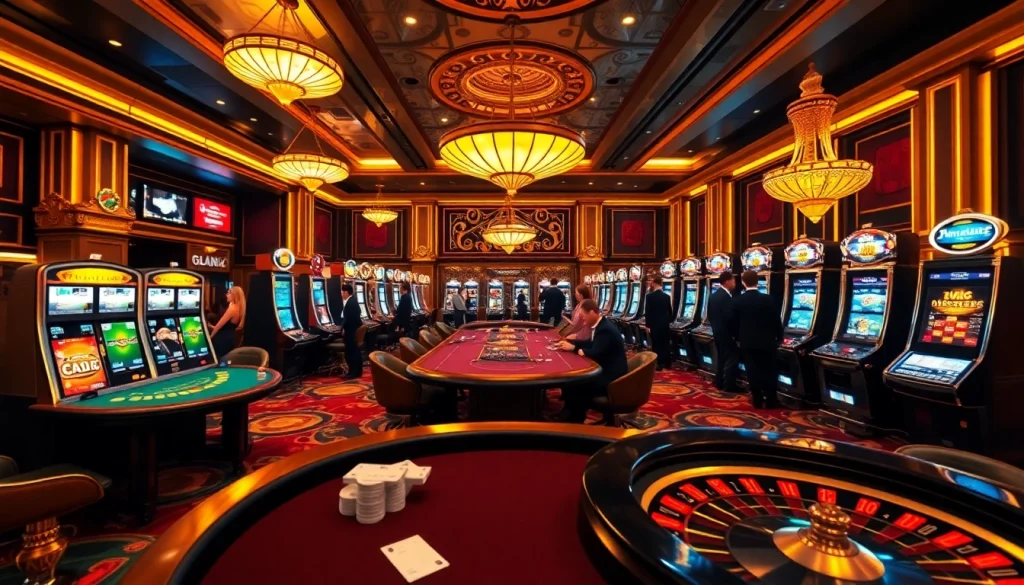Engaging scene of players enjoying high-stakes gaming at MM88's luxurious casino.