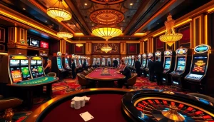 Engaging scene of players enjoying high-stakes gaming at MM88's luxurious casino.
